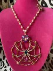 Betsey Johnson Lily Flower Spider Web Spiderweb Crystal Heart Pearl Necklace