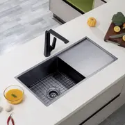 ACA Stainless Steel Single Bowl Kitchen Laundry Sink Top/Undermount Bottom Grid Brushed Gunmetal Black