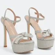 Stuart Weitzman Mega Bow Platform Heels Sandals Ankle Strap Crystal Size 7.5B