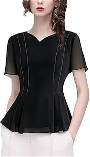 [Generic] Women Summer Short Sleeve V-Neck Chiffon Top Slim Style Tulle Blouses