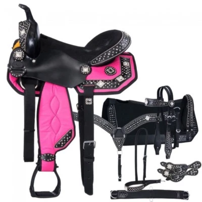 17" Western Black & Pink Half Synthetic and Leather Saddle with 6 piece Tack Set