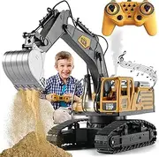 Remote Control Excavator Toy 14 Channel 1:14 Remote Control Excavator Construction Toy Tractor, Simulated Smoke, Sound, Lighting, Metal Trench Head, RC Truck Gifts for Boys