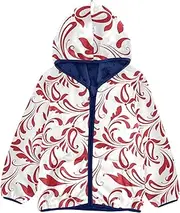 [GuoChe] Toddler Fleece Jacket Red Oriental Floral Decorative White Toddler Girl Fleece Navy Blue Girls Zip Up Hoodie 3T