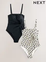Black/Ecru Fan Twist Tummy Control Bandeau Swimsuit 2 Pack (E51423) | $124