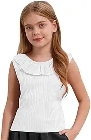 [FEESHOW] Kids Girls Ribbed Tank Tops Sleeveless Ruffles Back to School Vest Sports Dance Plain Undershirts