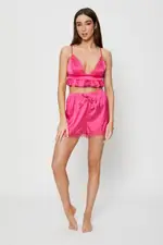 Pink Bralette Pyjamas Set Satin - Size L, Women's Bra And Bralette