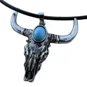 Western Turquoise Bull Head Leather Tie Choker Layered Pendant and Necklace