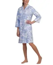 Miss Elaine Women's Quilted Floral Snap-Front Robe - Blue Floral Size Extra Lar