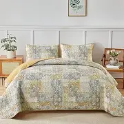 Mybedsoul Yellow Boho Quilt Set Queen Size 3 Pieces Grey and Yellow Plaid Floral Bedding Set Microfiber Lightweight Bohemian Patchwork Bedspread Coverlet Set for All Season 90"x96"