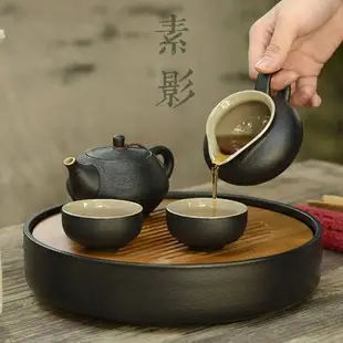 茶盤 陶瓷圓形儲水家用功夫茶具幹泡茶道重竹製托盤簡約茶臺迷你