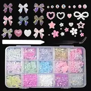 ZACHMEST 3200Pcs 3D Pink Bow Nail Art Charms, 3D Assorted Bowknot Nail Charms Pearls Gems Cute Star Heart Butterfly Bow Planet Bear Nail Decoration with Pickup Tools Manicure DIY Crafts Decorations