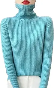 [Hamthuit] Women Turtleneck Pullover Loose Solid Knit Sweater Long Sleeve Ribbed Fitted Turtleneck Sweater