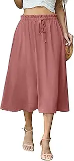 [FREEOAK] Womens Causal High Waisted Summer Midi Skirts Flowy Palazzo A-Line Long Skirt with Pockets, A - Brick Red, Small