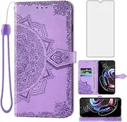 Compatible with Motorola Edge 20 Pro 5G Wallet Case and Tempered Glass Screen Protector Leather Mandala Flower Flip Cover Credit Card Holder Cell Phone Cases for Moto Edge20Pro XT2153-1 Women Purple