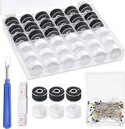Tanstic 36Pcs White & Black Prewound Bobbins, Size A Prewound Bobbin Thread with Bobbin Case, 100Pcs Sewing Pins, Seam Ripper, Ruler for Embroidery and Sewing Machines
