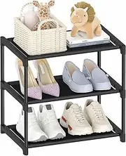 Autonomier 3 Tier Small Shoe Rack, Narrow Stackable Kids Toddler Adult Shoe Storage Organizer Shelf for Closet Floor Front Door Entrance Entryway, Free Standing Shoe Rack Organization Shelves
