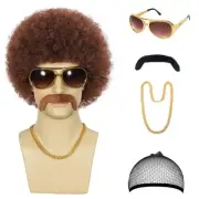 Mens Afro Wig 5 Pcs Set (Wig+ Glasses+ Necklace+ Mustache+ Wig Cap) 70s Costu