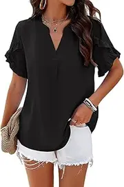 [Samefar] Womens Tops Dressy Casual V Neck Ruffle Shot Sleeve Shirts Loose Flowy Chiffon Work Business Blouses