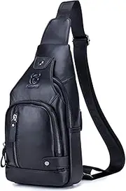 [QUEAMBLER] Leather Sling Bag Men Chest Shoulder Backpack Crossbody Bag with USB Charging Port for Travel, Hiking, Cycling