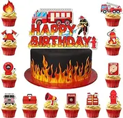 Firefighter Cake Topper, 25 Pcs Firefighter Birthday Cake Topper Set - Party Cupcake Toppers & Fire Truck Cake Toppers for Fire Truck Birthday Decorations