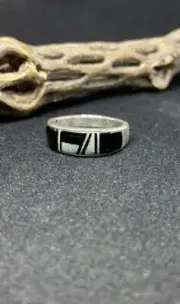 Handmade Native American Navajo White Fire Opal & Jet Inlay Men’s Band Size 13.5