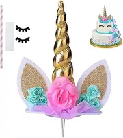 TuoYi Unicorn Cake Topper, Handmade Gold Unicorn Birthday Cake Topper Decoration Supplies with Eyelashes and Stack for Birthday Party,Baby Shower, Wedding (Gold)