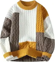 [GURUNVANI] Mens Patchwork Sweater Colorblock Knit Jumper Vintage Cable Knitted Pullover Sweater