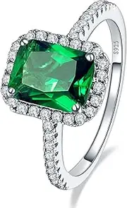 [Yaresul] 3.6ct 8x6mm Green Simulated Emerald Sliver Rings for Women 925 Serling Silver Cubic Zirconia Engagement Promise Ring Size 5-10