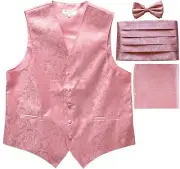 New Men's Paisley Tuxedo Vest Waistcoat & Cummerbund & Bow tie & Hankie Pink