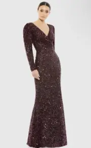 Mac Duggal 5510 Sz 20 Mahogany Red Puff Shoulder Sequined Column Gown $398