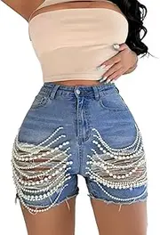 [Unybwonn] Denim Shorts Women Ripped Cutout Pearls Chain Jean Shorts Rhinestone Stretchy Distressed Raw Hem Tassels Shorts, Blue, Medium