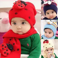 在飛比找PChome24h購物優惠-PS MALL甲殼蟲帽兒童帽子圍巾2件套 保暖秋冬款嬰兒帽 