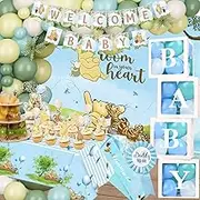 164PCS Blue Winnie Baby Shower Decorations Classic Pooh Birthday Party Supplies Set Package Include Balloons Backdrop Cake Topper Cupcake Toppers Cupcake Stand Tablecloth Baby Boxes Decor