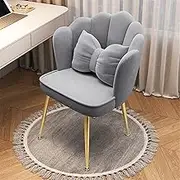 Velvet Office Chair, Makeup Girls Stool with Backrest, Dressing Stool with Soft Cushioned Pad for, Comfy Mid-Century Petal Chair, for Women, Girls, Bedroom(Grey,Golden Legs)