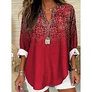 Women's Cotton Linen Shirt Floral Hawaiian Basic Casual Long Sleeve V Neck Regular Tops Daily Holiday Buttons Print Pink Red Navy Blue Blue Purple Summer Sprin