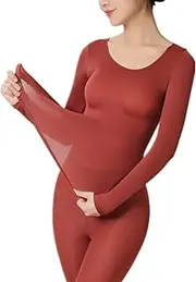 [KAYEF] Seamless Elastic Thermal Inner Wear, Womens Thermal Underwear Sets, ultra-thin, Ultra-Soft, slim, Red 2, Large