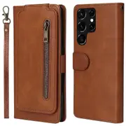 Zipper Pocket 9 Card Slots Leather Wallet Case Anti-drop Mobile Phone Shell For Samsung Galaxy S22 Ultra 5g - Black