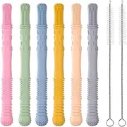 6-Pack Hollow Teether Tube & Chew Straw Sensory Toy - Silicone Teething Toys for Babies 0-36 Months | BPA-Free, Freezable & Textured for Soothing Gums | Infant Developmental Learning Toys, On-the-Go Gift