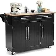 Giantex Mobile Kitchen Island Cart, Rolling Storage Trolley with Towel Bar, 2 Deep Drawers, 3 Door Cabinets, Swivel Casters, Rubber Wood Top, for Kitchen Dining Room Hotel Restaurant Cafe (Black)
