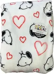 [Berkshire Blanket] & Home Co. Peanuts Gang Valentines Valentine's Plush Blankets and Throws (White with Faces and Large Pink Hearts, Throw - 60"x70")