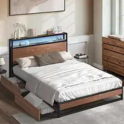 Oikiture Doubel Bed Frame with Led Light and Charge Station Metal Bed with 2 Drawers