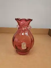Cranberry Pilgrim Glass Vase Hand Blown Art Glass Pitcher Ruffle Edge
