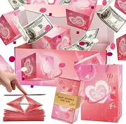 Surprise Gift Box Explosion for Money, Unique Folding Bouncing Red Envelope Gift Box with Confetti, Cash Explosion Luxury for Birthday Anniversary Valentine Proposal (15 Bounces) (Pink Heart)