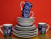 Blue Garden 16 Piece Hand-painted Dinnerware Set. Tag No. 957i