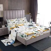 Feelyou Dino Construction Bed Sheets Set Queen Size, Cartoon Car Kids Sheet Set Kids Toddler Equipment Trucks Sheets with Deep Pocket Fitted Sheet Excavator Tractor Bedding Set Microfiber Bed Set