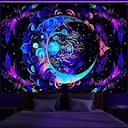 AtawLege Blacklight Tapestry UV Reactive Tapestries Moon Mandala Tapestry Bohemian Tapestries Mysterious Aesthetic Tapestry Boho Tapestry Wall Hanging for Bedroom (51.2 x 59.1 inches)