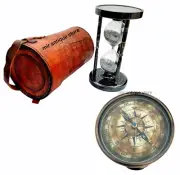 Handmade Brass 5 Minutes Sand Clock With Case Vintage Sand Timer With Compass