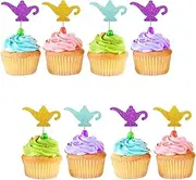 24pcs Genie Lamp Cupcake Toppers, Lamp Sign Cupcake Toppers, Gold Glitter Lamp Silhouette Cupcake Picks for Baby Shower, Magic Genie Lamp Themed Birthday Party Supplies