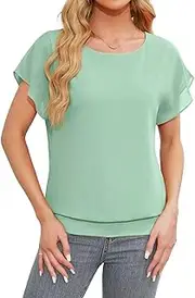 [Anelune] Womens Tops Summer Chiffon Blouse Ruffle Short Sleeve Tops Loose Casual T-Shirts S-3XL