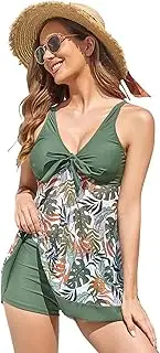 MEILONGER Women Swimsuit Two-Piece Bathing Suits Mesh Flowy Swimdress Sexy Tummy Control Tankini Tops Swimwear with Boyshorts